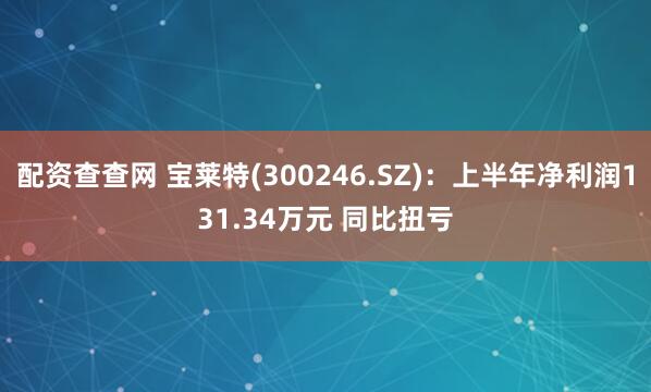 配资查查网 宝莱特(300246.SZ)：上半年净利润131.34万元 同比扭亏